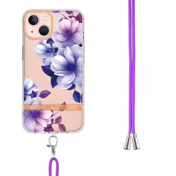 iPhone 15 Kuoret Kukka Kuviolla ja Hihnalla Liila Begonia