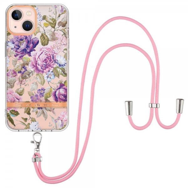 iPhone 15 Kuoret Kukka Kuvio Strapilla Violetti Pioni