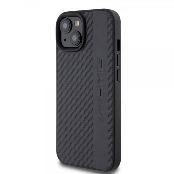 Mercedes Benz iPhone 15 Kuori Carbon Effect Leather Stripe AMG Musta