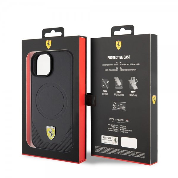 Ferrari iPhone 15 Kuori Carbon PU Nahka MagSafe Musta