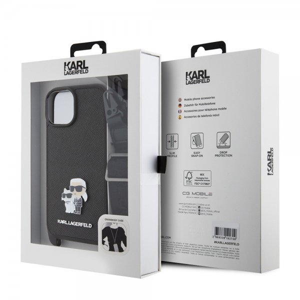 Karl Lagerfeld iPhone 15 Saffiano Karl & Choupette Crossbody Suojakuori Musta