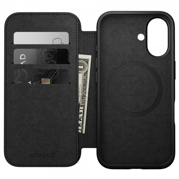 Nomad iPhone 16 Modern Leather Folio -suojakotelo, musta