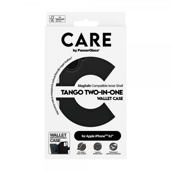 CARE by PanzerGlass iPhone 16 -kotelo Tango Two-in-One Wallet MagSafe, musta