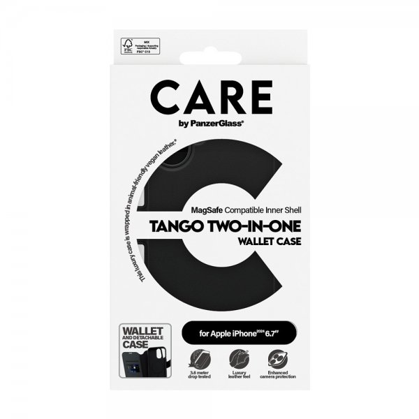 CARE by PanzerGlass iPhone 16 Plus -kotelo Tango Two-in-One Wallet MagSafe Musta