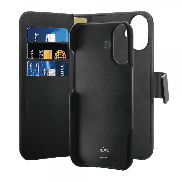 Puro iPhone 16 Plus -kotelo Wallet Detachable 2 in 1 Musta