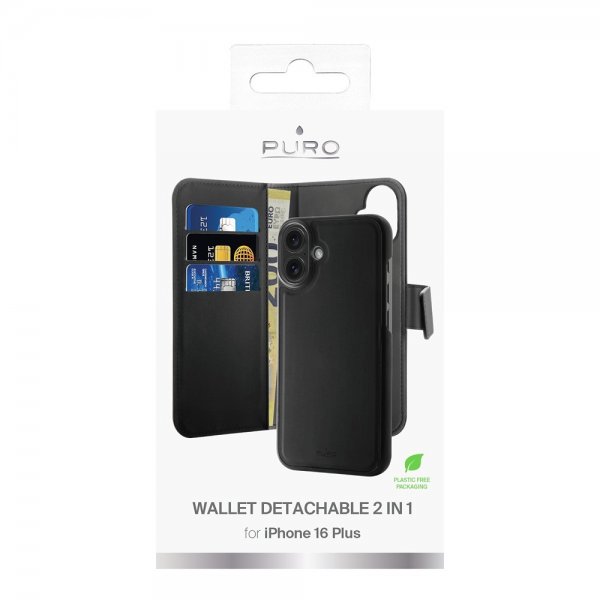 Puro iPhone 16 Plus -kotelo Wallet Detachable 2 in 1 Musta