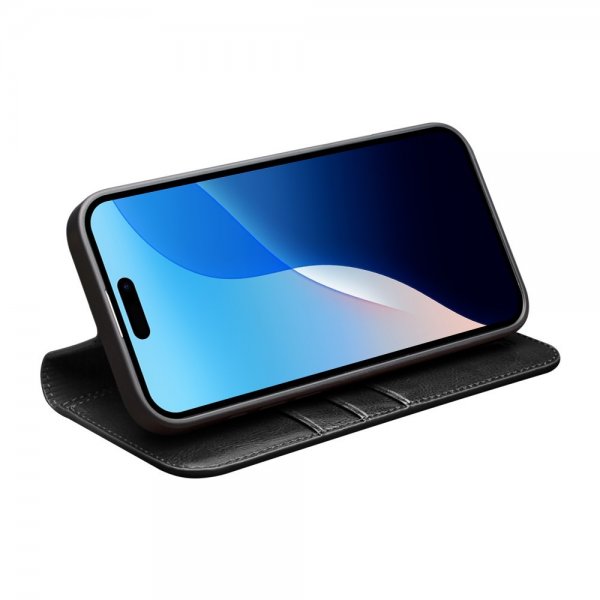 Qialino iPhone 16 Pro -kotelo, aitoa nahkaa, musta