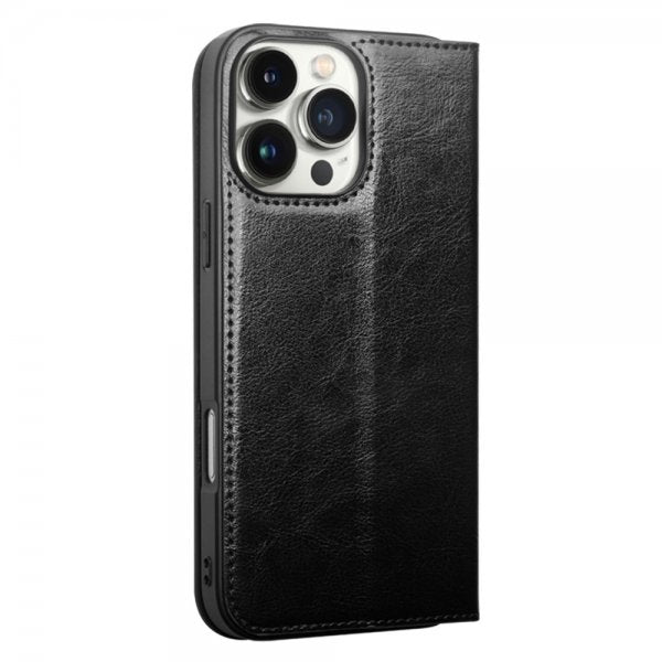 Qialino iPhone 16 Pro -kotelo, aitoa nahkaa, musta