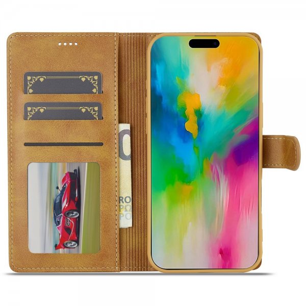 Lc.Imeeke iPhone 16 Pro -suojakuori korttipaikalla ja jalustatoiminnolla, vaaleanruskea