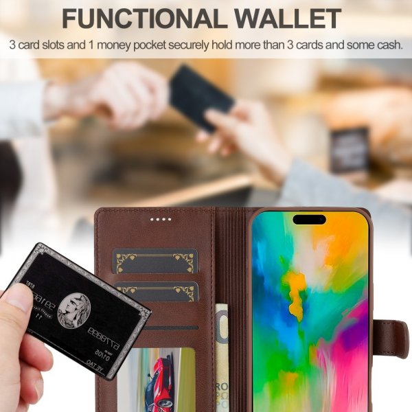 Lc.Imeeke iPhone 16 Pro Kotelo Korttipaikalla Jalustatoiminnolla Tummanruskea