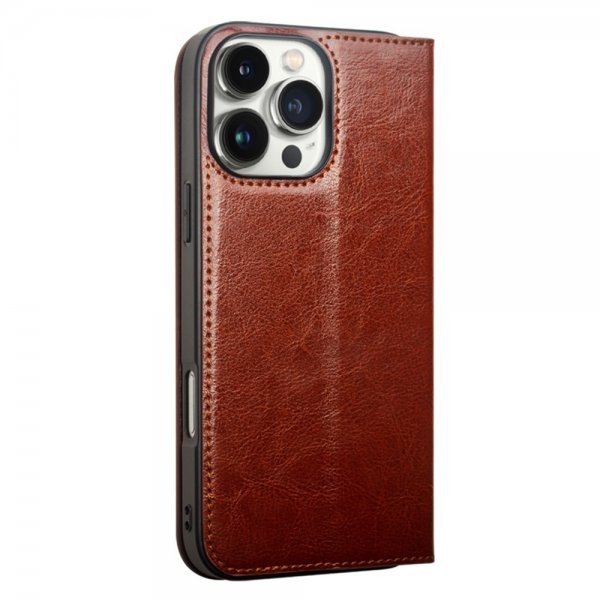 Qialino iPhone 16 Pro Max -kotelo, aitoa nahkaa, ruskea
