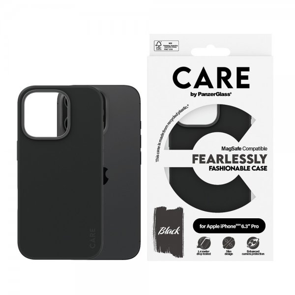 CARE by PanzerGlass iPhone 16 Pro -kuori, muodikas MagSafe, musta