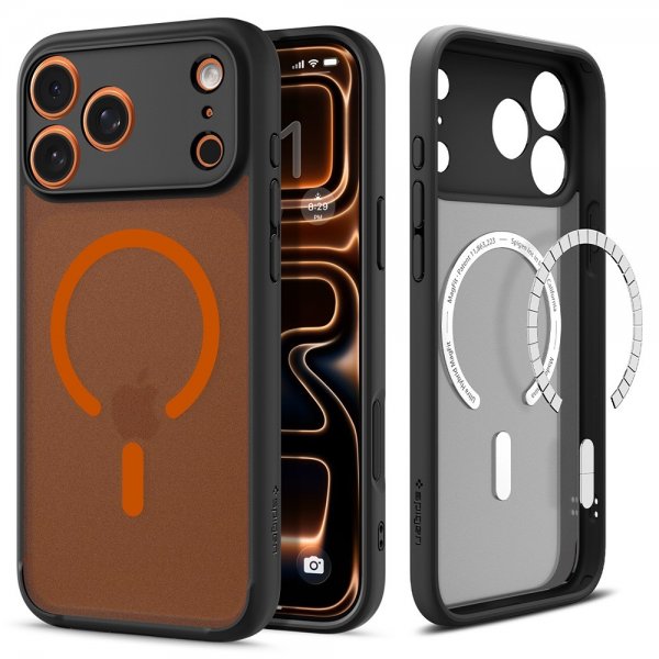 Spigen iPhone 17 Pro -suojakuori Ultra Hybrid MagFit Frost Black Orange