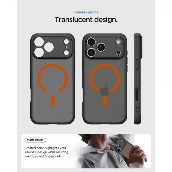 Spigen iPhone 17 Pro -suojakuori Ultra Hybrid MagFit Frost Black Orange