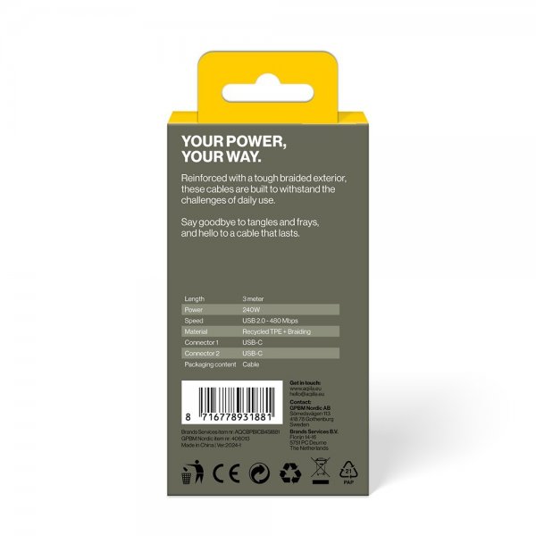 Aqiila Kabel Cablebird CB13 USB-C–USB-C 240W 3m Musta