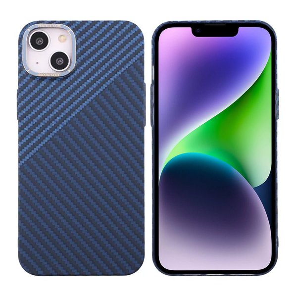 iPhone 14 Plus -kuori, hiilikuitukuviointi, sininenharmaa