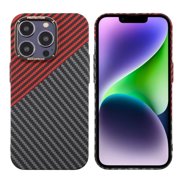 iPhone 14 Pro Kuori Hiilikuitukuvio Punainen Musta