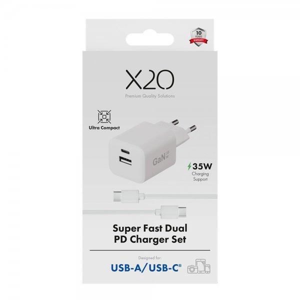 X2O Laturi johdolla 1.2m 35W USB-C/USB-A GaN Valkoinen
