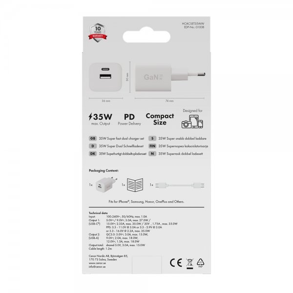 X2O Laturi johdolla 1.2m 35W USB-C/USB-A GaN Valkoinen