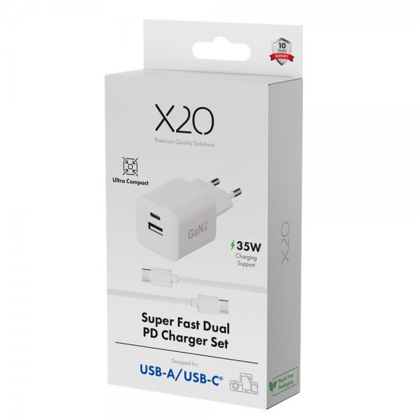 X2O Laturi johdolla 1.2m 35W USB-C/USB-A GaN Valkoinen