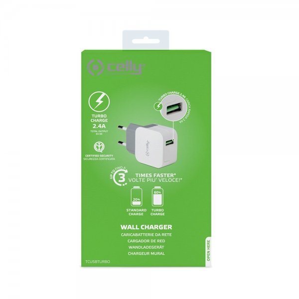 Celly-laturi TCUSBTURBO USB-A 12W, valkoinen