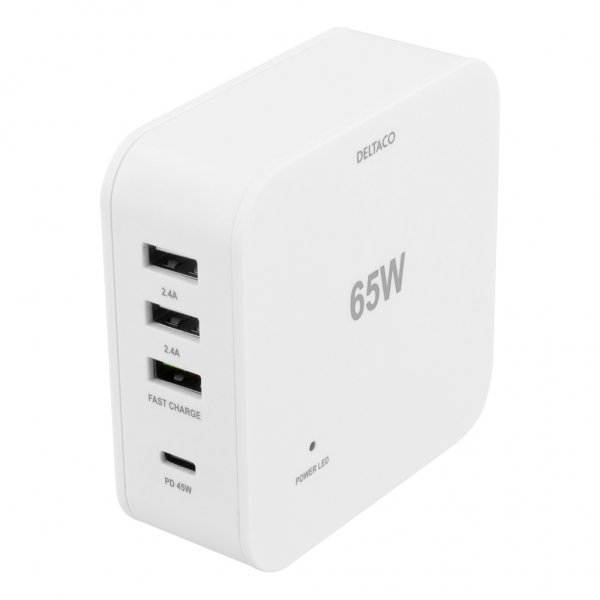 Deltaco Laturi USB-C PD 45W & USB-A 18W Pikalataus Valkoinen