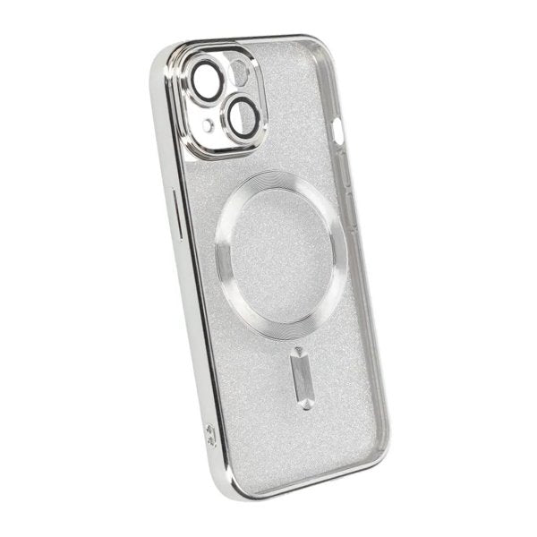 iPhone 15 -kuori kimalteleva, läpinäkyvä MagSafe hopea
