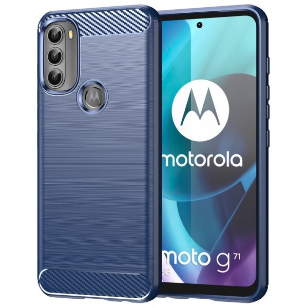 Motorola Moto G71 5G Suojakuori Harjattu Hiilikuitukuvio Sininen