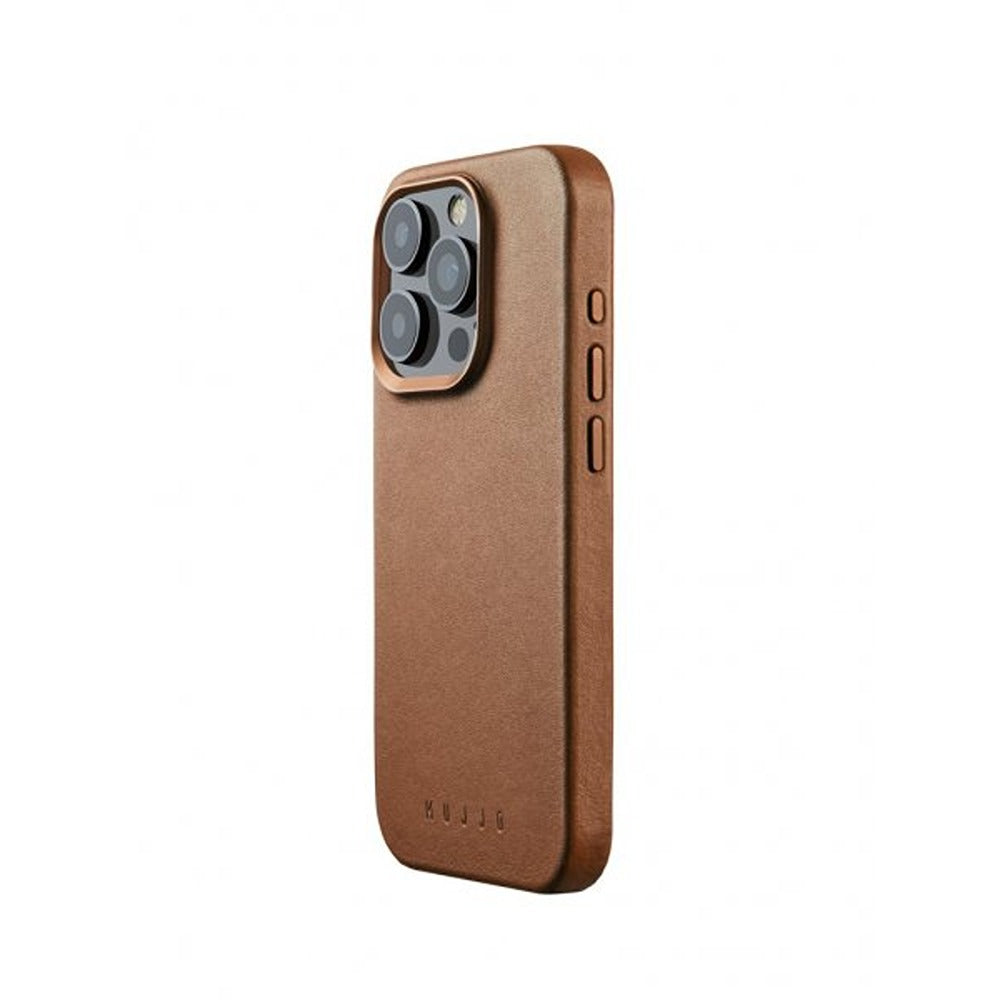 Mujjo iPhone 15 Pro -suojakuori, täysnahkainen, MagSafe, Dark Tan