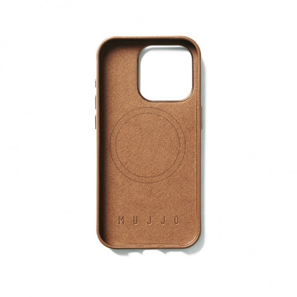 Mujjo iPhone 15 Pro -suojakuori Täysnahkainen lompakkokotelo MagSafe Dark Tan