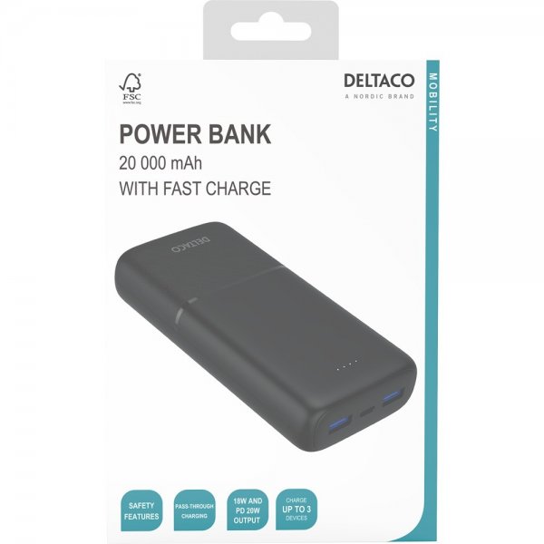 Deltaco Powerbank 20 000 mAh Pikalataus 20W Musta