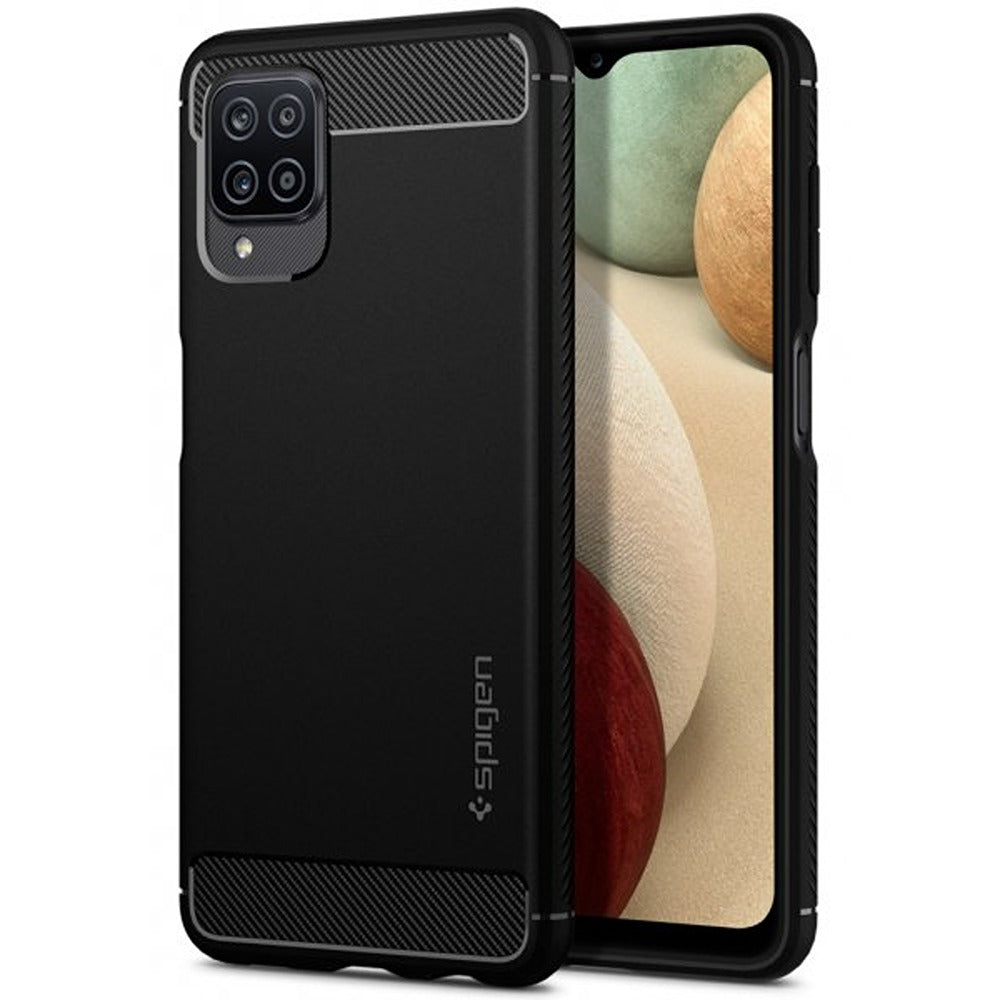 Spigen Samsung Galaxy A12 -suojakuori, Rugged Armor, mattamusta