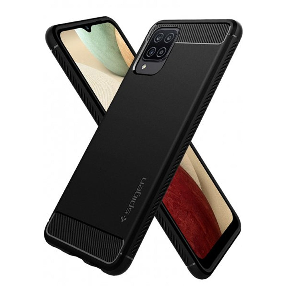 Spigen Samsung Galaxy A12 -suojakuori, Rugged Armor, mattamusta