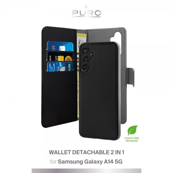 Puro Samsung Galaxy A14 Wallet Detachable 2-in-1 -kotelo, musta