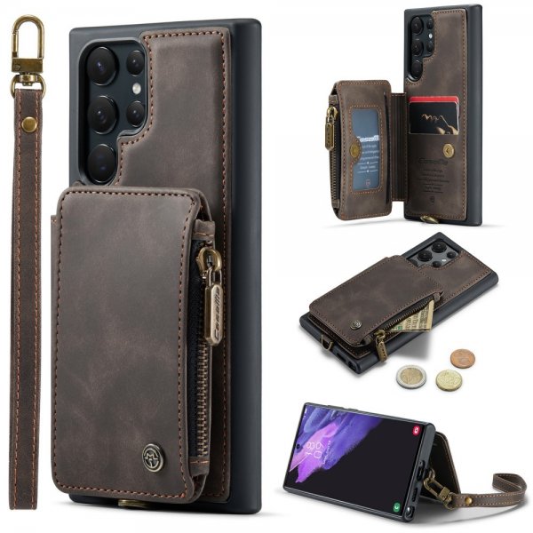 CaseMe Samsung Galaxy S23 Ultra Kuori C20 Korttipaikat Vetoketju Kahvi