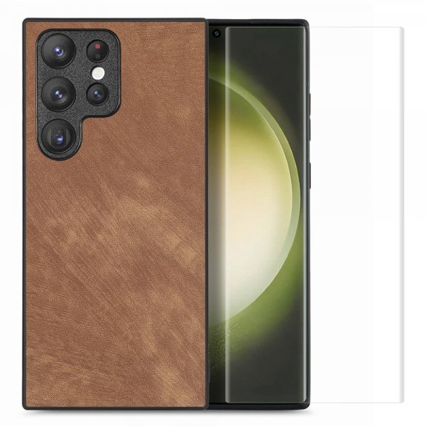 Enkay Samsung Galaxy S23 Ultra kuori näytönsuojalla, nahkakuvioitu, ruskea