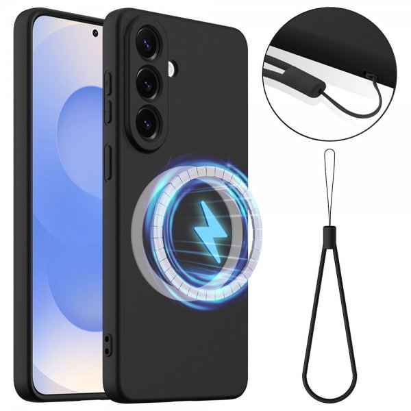 Samsung Galaxy S26 Plus -suojakuori hihnalla, silikoni, MagSafe, musta