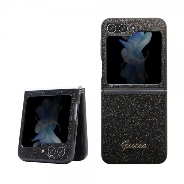 Guess Samsung Galaxy Z Flip 5 Kuoret Glitter Flakes Metal Logo Musta