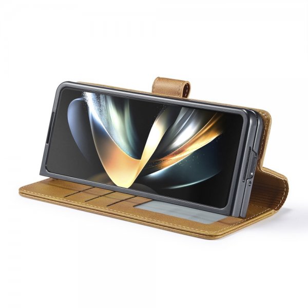Lc.Imeeke Samsung Galaxy Z Fold 6 -kotelo, jossa korttipaikka ja jalusta, vaaleanruskea
