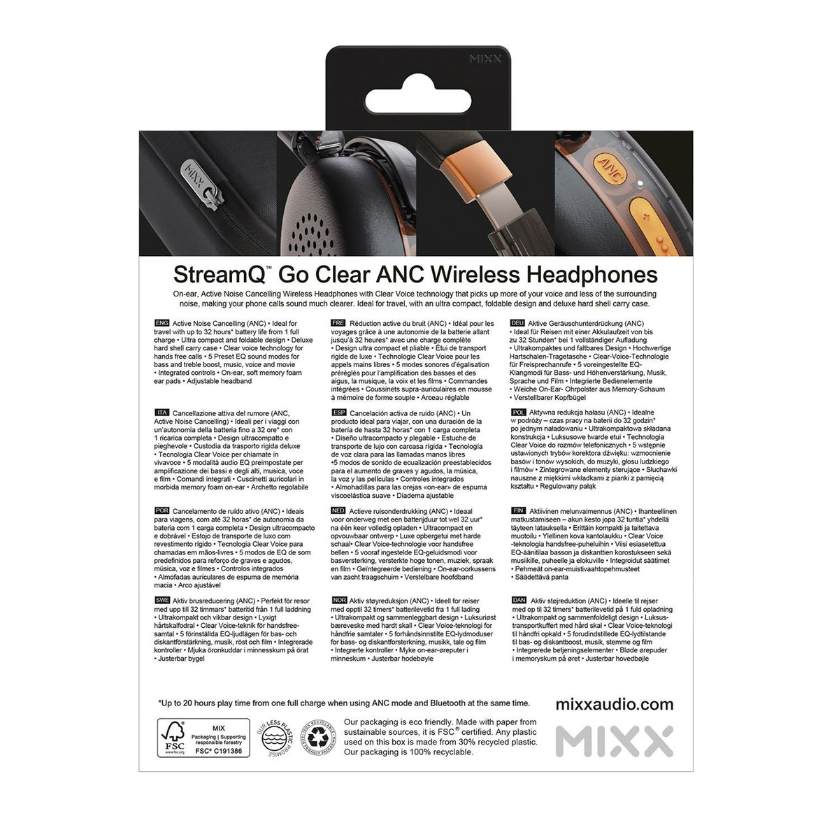 Mixx Trådlösa On-Ear Kuulokkeet StreamQ Go ANC Clear Musta