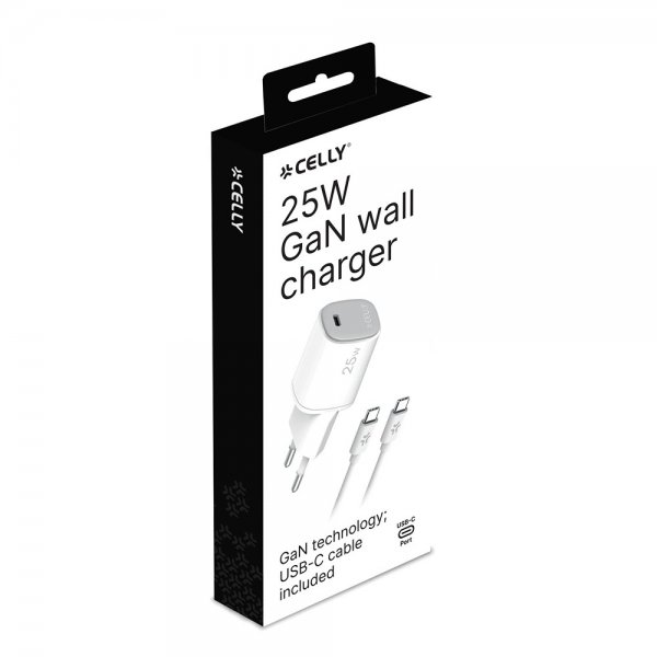 Celly 25W GaN USB-C -seinälaturi ja USB-C -kaapeli