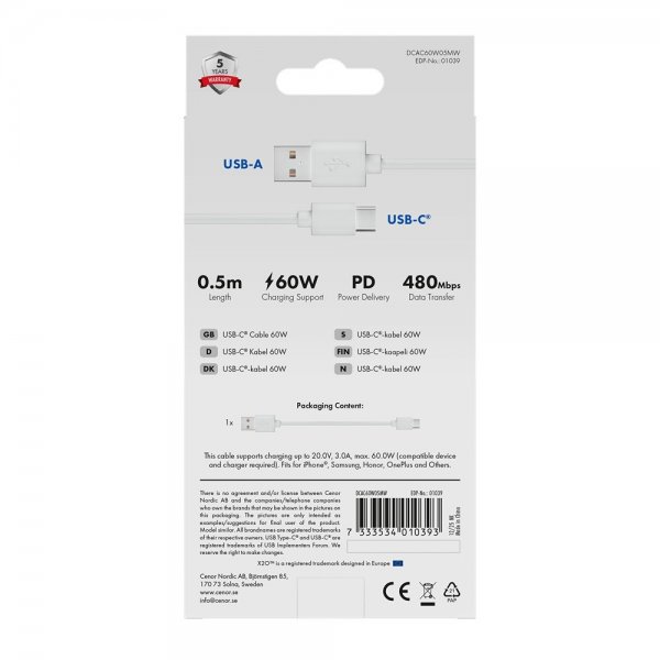 X2O USB-A–USB-C-kaapeli Basic 60 W 0,5 m valkoinen