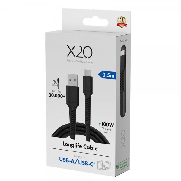 X2O USB-A–USB-C-kaapeli Longlife 60W 0,5m Musta