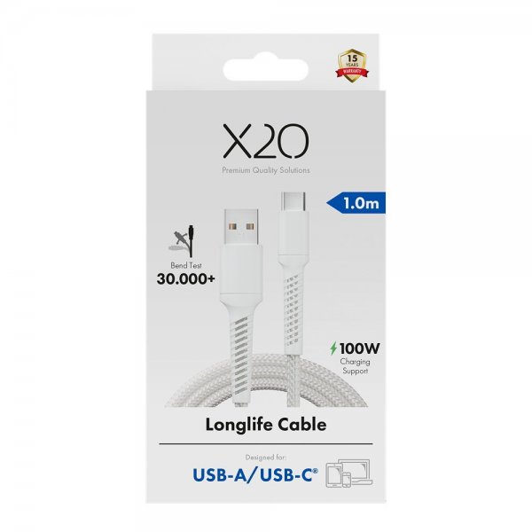 X2O USB-A–USB-C-kaapeli Longlife 60W 1m valkoinen