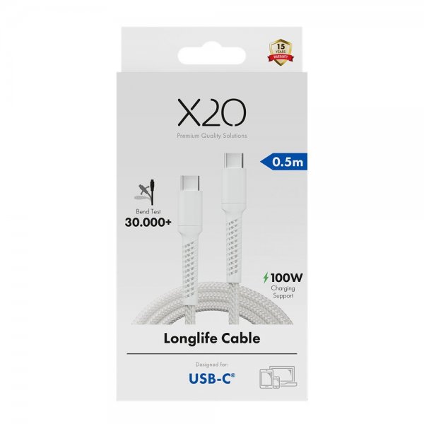 X2O USB-C–USB-C-kaapeli Longlife 100W 0.5m Valkoinen