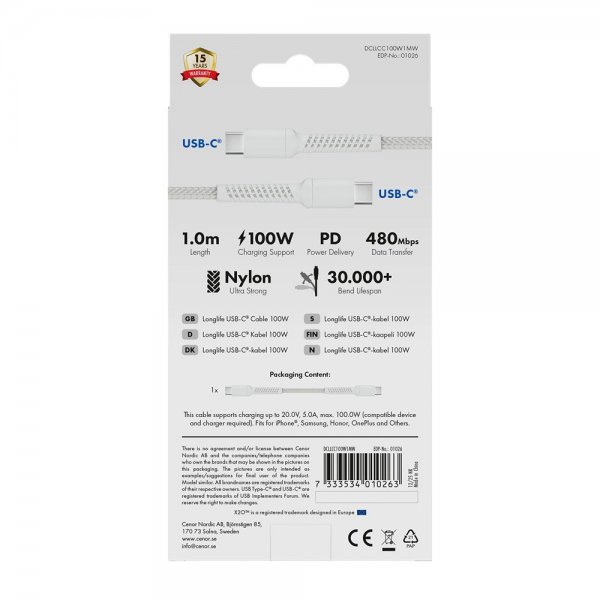 X2O USB-C–USB-C-kaapeli Longlife 100W 1m, valkoinen