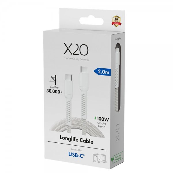 X2O USB-C–USB-C-kaapeli Longlife 100W 2m Valkoinen