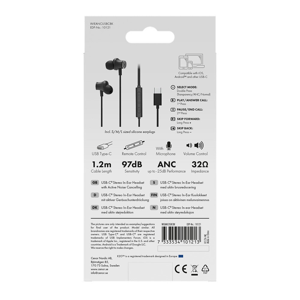 X2O Langalliset Kuulokkeet USB-C Silicone In-Ear ANC 1.2m Musta