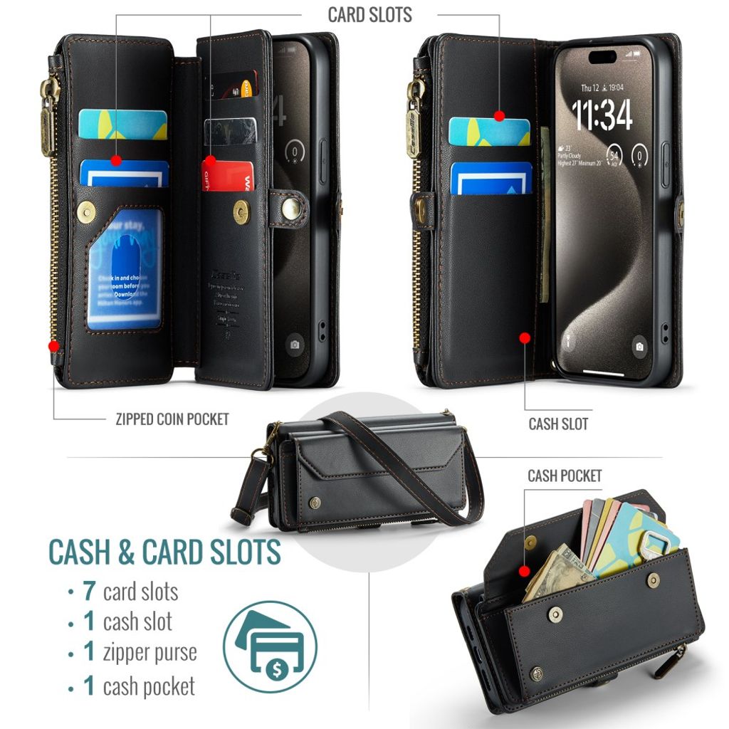 CaseMe iPhone 15 Pro Kotelo C36 Series Musta