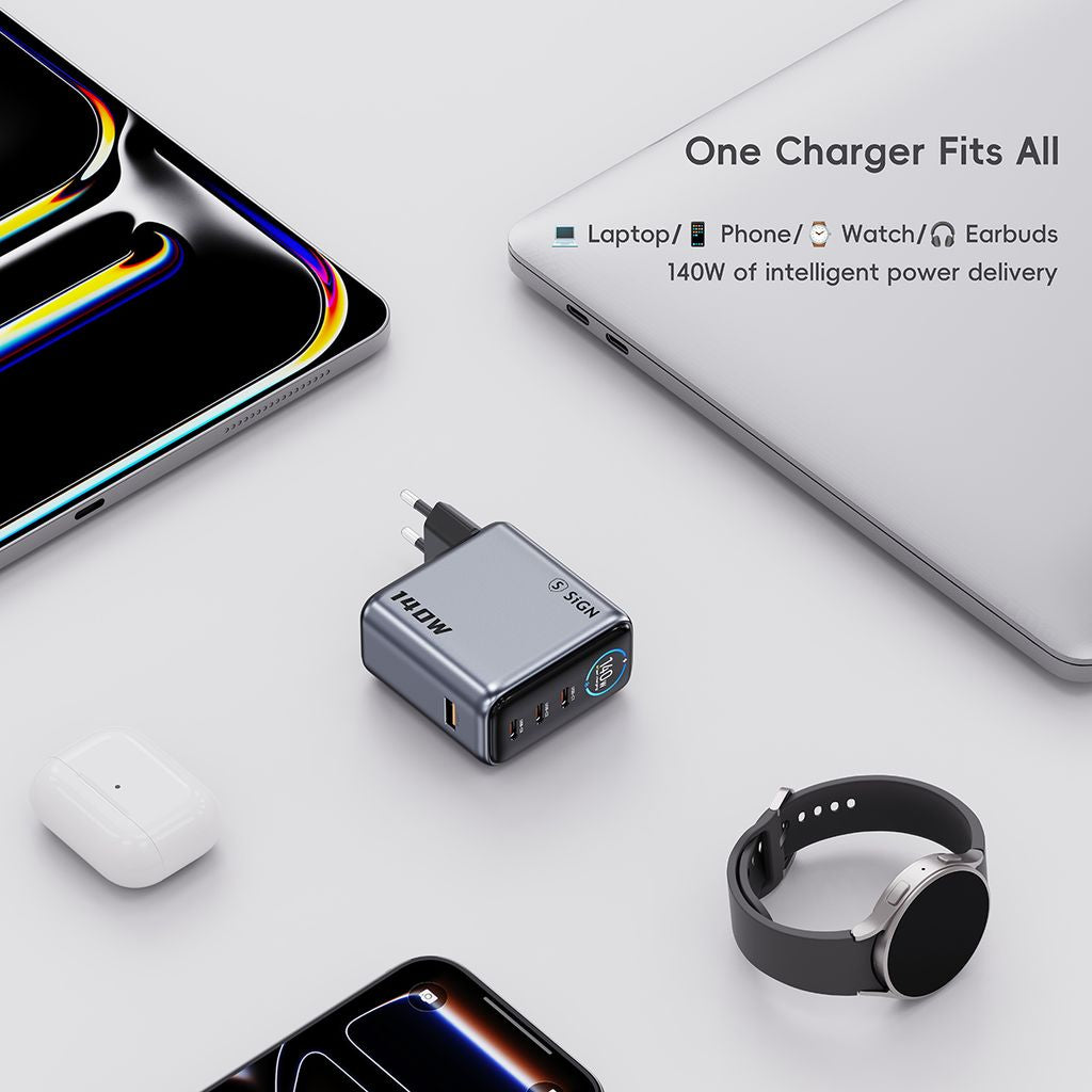 SiGN 140W Pikalataaja näytöllä 3xUSB-C/1xUSB-A Harmaa